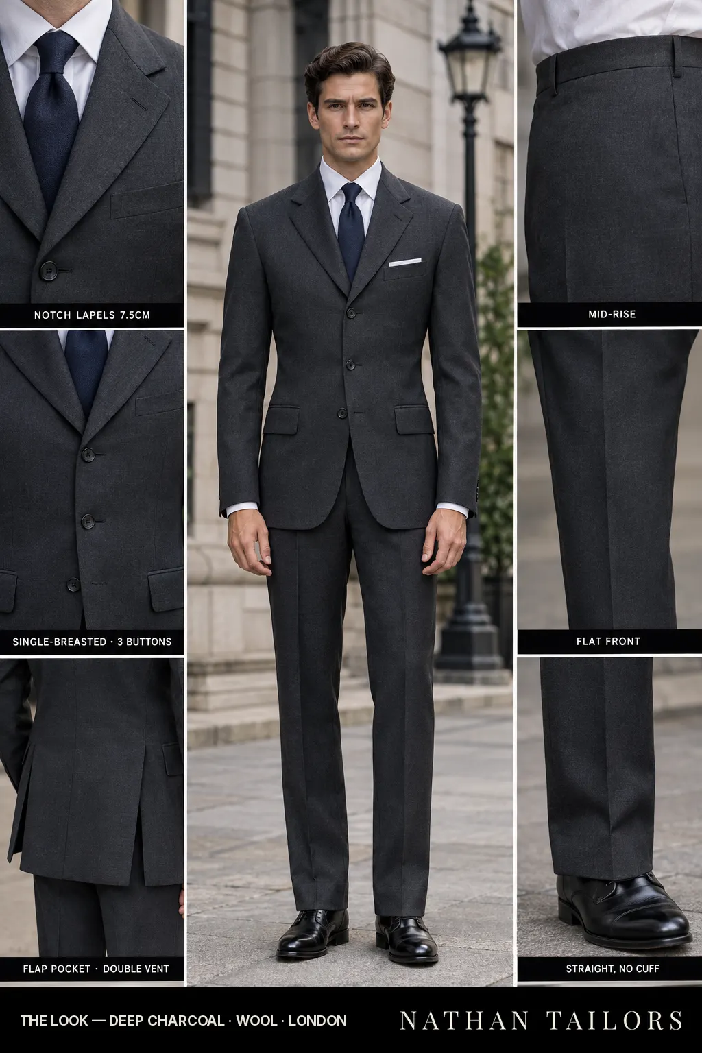 deep charcoal single-breasted bespoke suit — custom tailored by Nathan Tailors, the Hoi An custom tailor