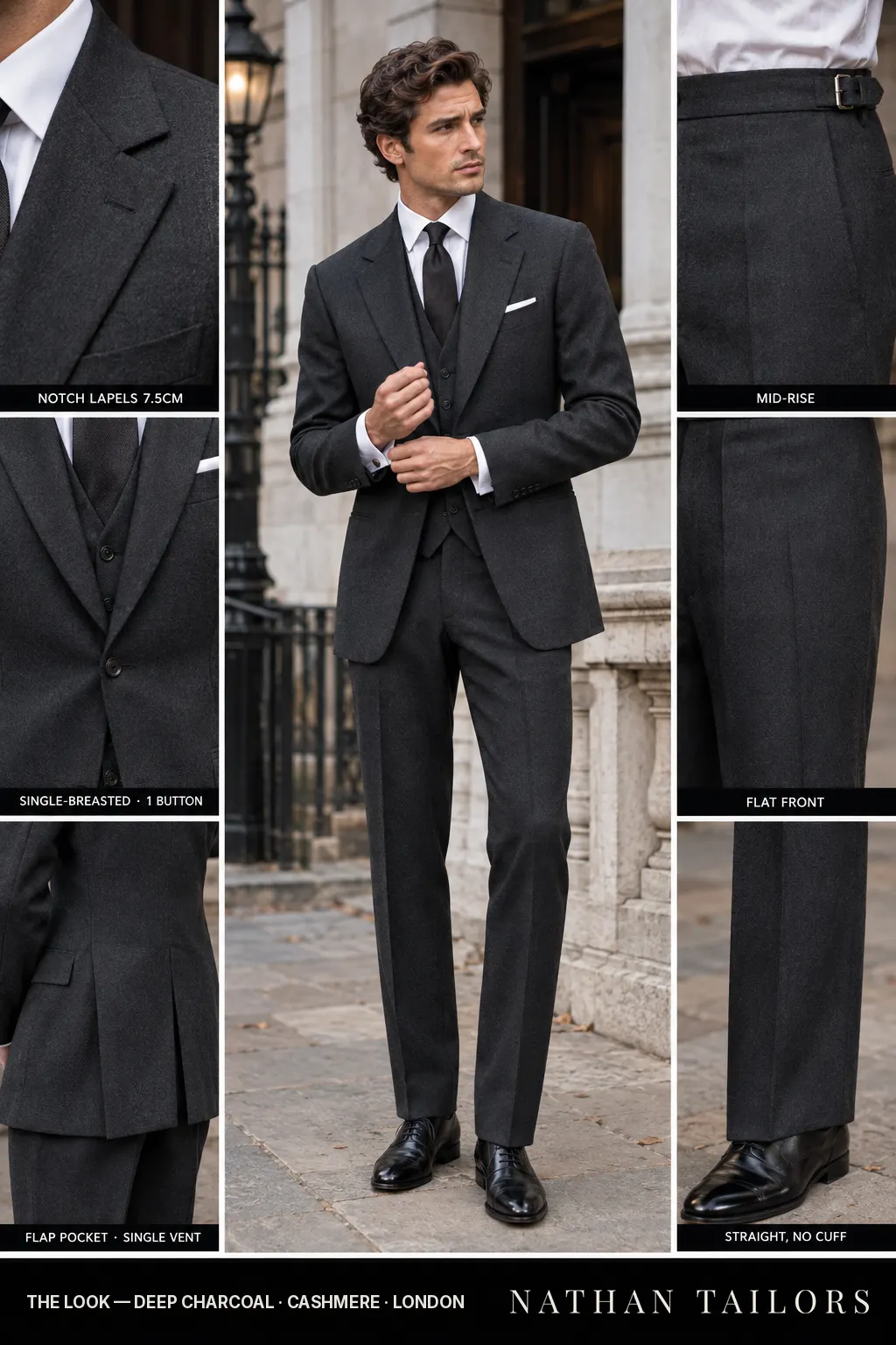 deep charcoal single-breasted bespoke suit โ custom tailored by Nathan Tailors, the Hoi An custom tailor