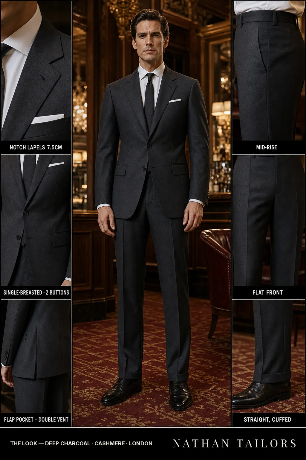 deep charcoal single-breasted notch-lapel bespoke suit — AI-rendered by Nathan Tailors, the Hoi An custom tailor. Available as a custom tailored suit from $149.