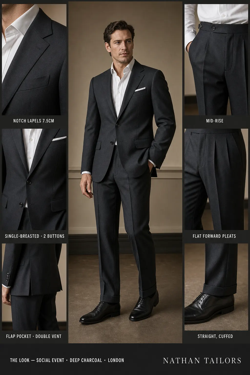 deep charcoal single-breasted notch-lapel bespoke suit — AI-rendered by Nathan Tailors, the Hoi An custom tailor. Available as a custom tailored suit from $149.