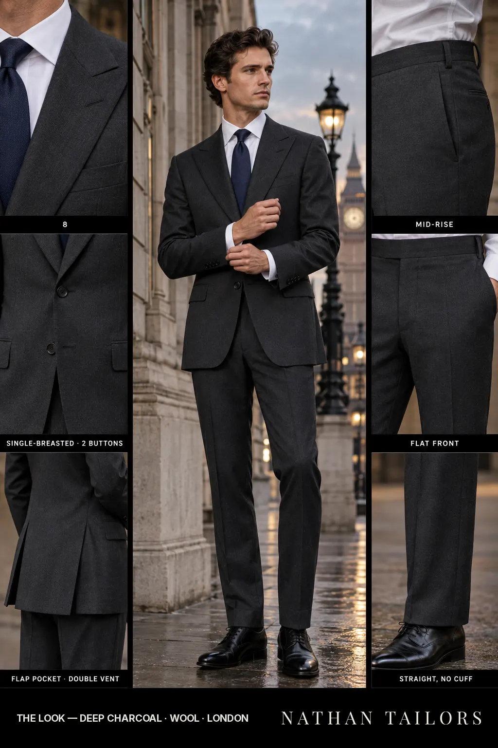 deep charcoal single-breasted bespoke suit — custom tailored by Nathan Tailors, the Hoi An custom tailor
