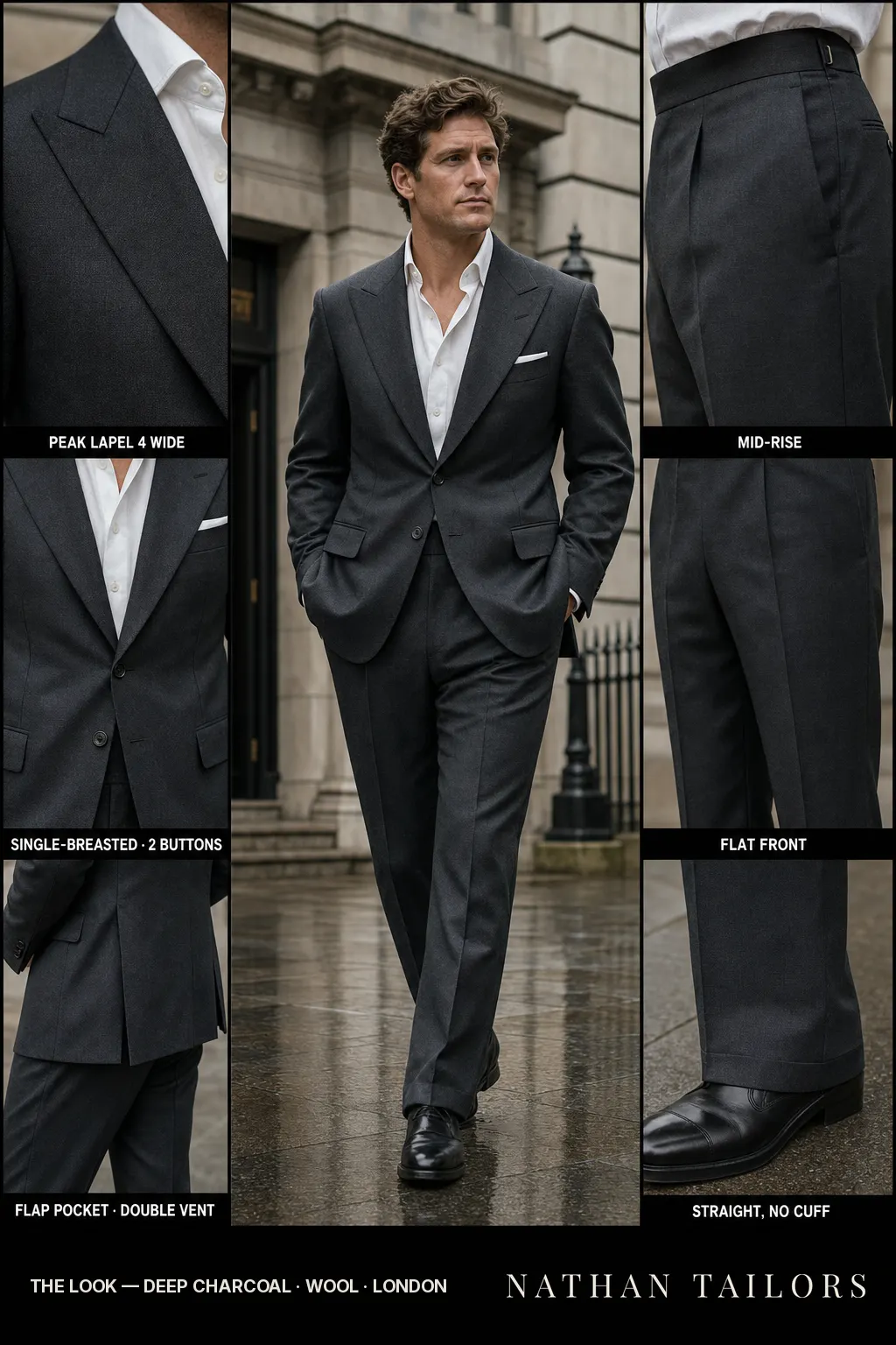 deep charcoal single-breasted notch-lapel bespoke suit — AI-rendered by Nathan Tailors, the Hoi An custom tailor. Available as a custom tailored suit from $149.