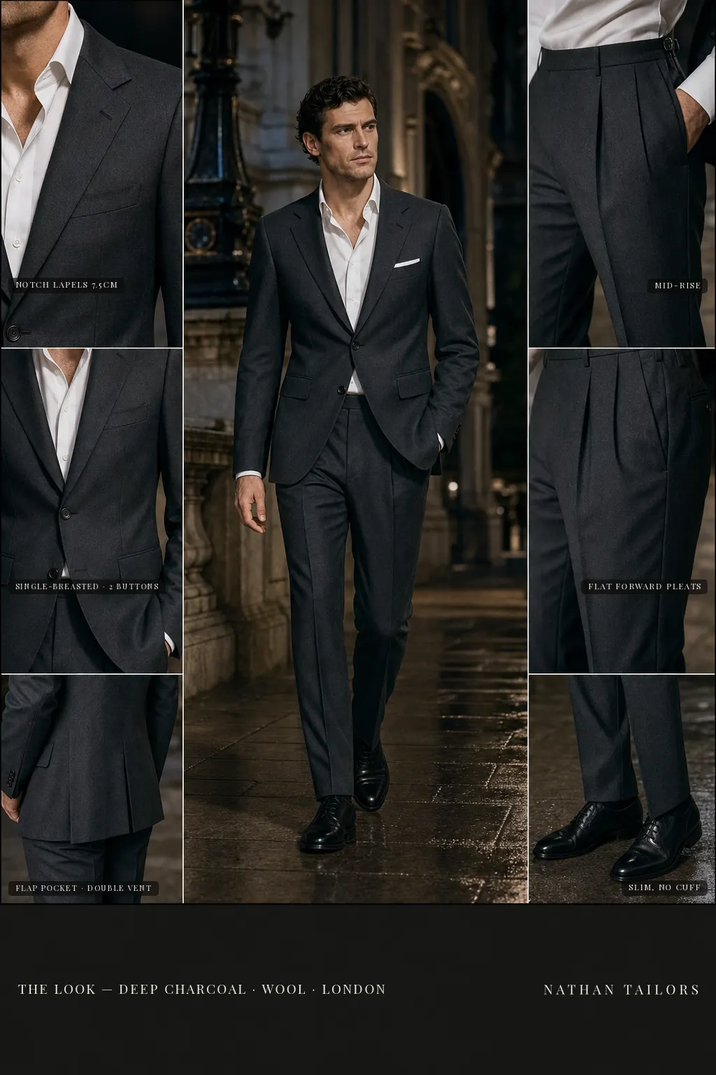 deep charcoal single-breasted notch-lapel bespoke suit — AI-rendered by Nathan Tailors, the Hoi An custom tailor. Available as a custom tailored suit from $149.
