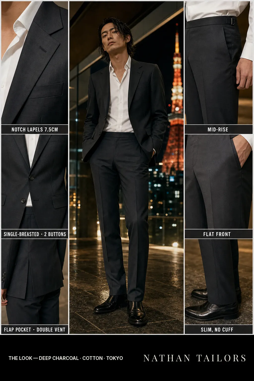 deep charcoal single-breasted bespoke suit — custom tailored by Nathan Tailors, the Hoi An custom tailor