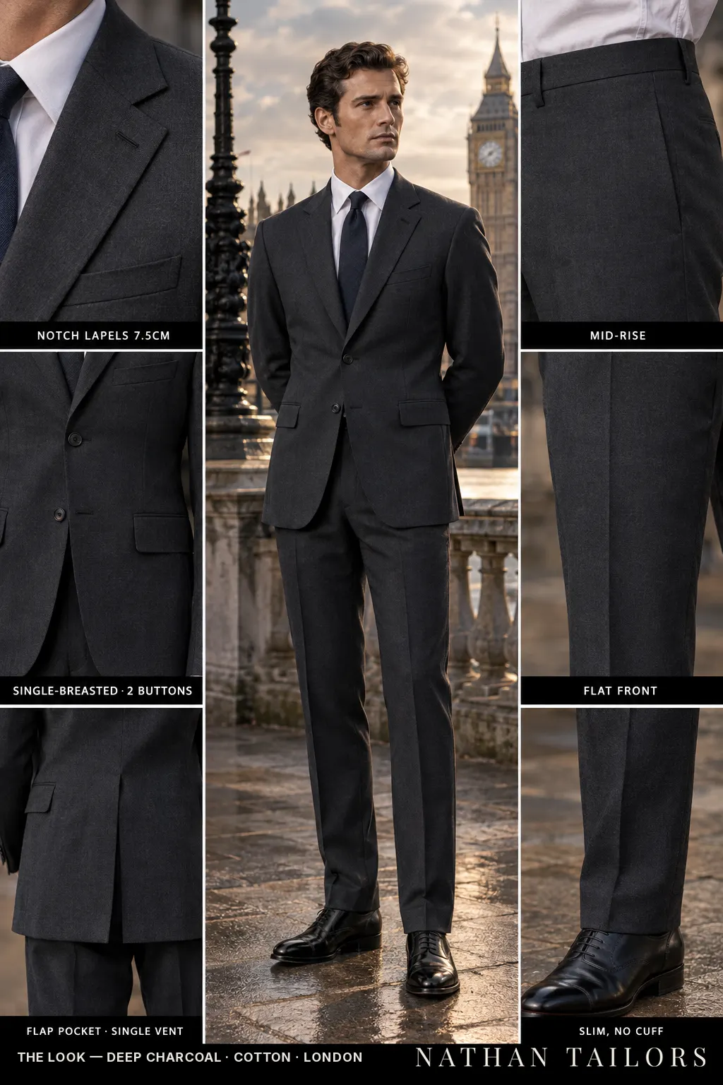 deep charcoal single-breasted bespoke suit โ custom tailored by Nathan Tailors, the Hoi An custom tailor