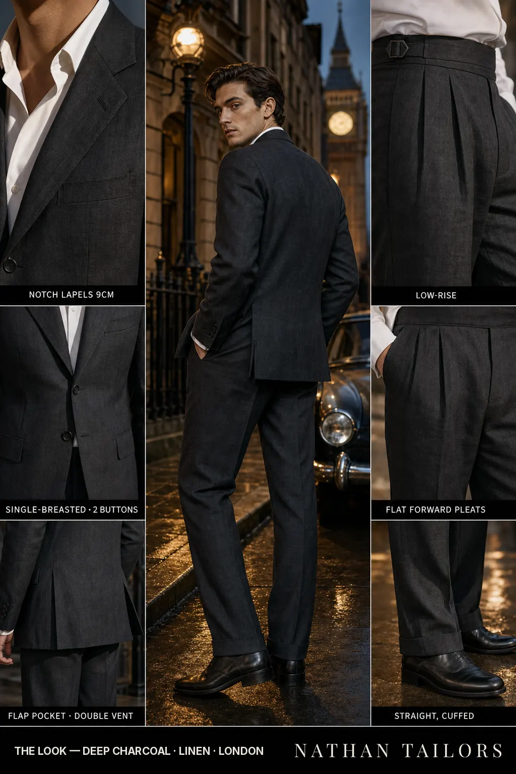 deep charcoal single-breasted notch-lapel bespoke suit โ AI-rendered by Nathan Tailors, the Hoi An custom tailor. Available as a custom tailored suit from $149.