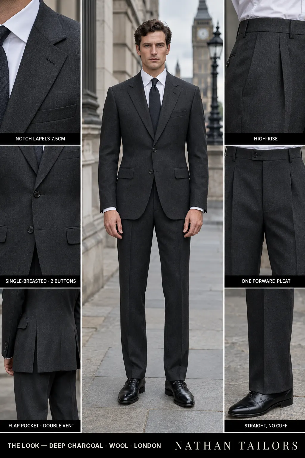 deep charcoal single-breasted bespoke suit โ custom tailored by Nathan Tailors, the Hoi An custom tailor