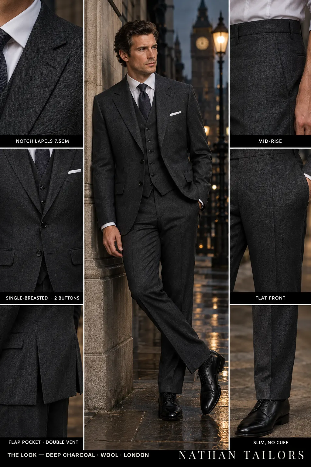 deep charcoal single-breasted bespoke suit โ custom tailored by Nathan Tailors, the Hoi An custom tailor
