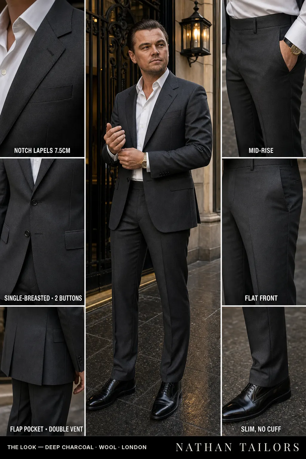 deep charcoal single-breasted notch-lapel bespoke suit โ AI-rendered by Nathan Tailors, the Hoi An custom tailor. Available as a custom tailored suit from $149.