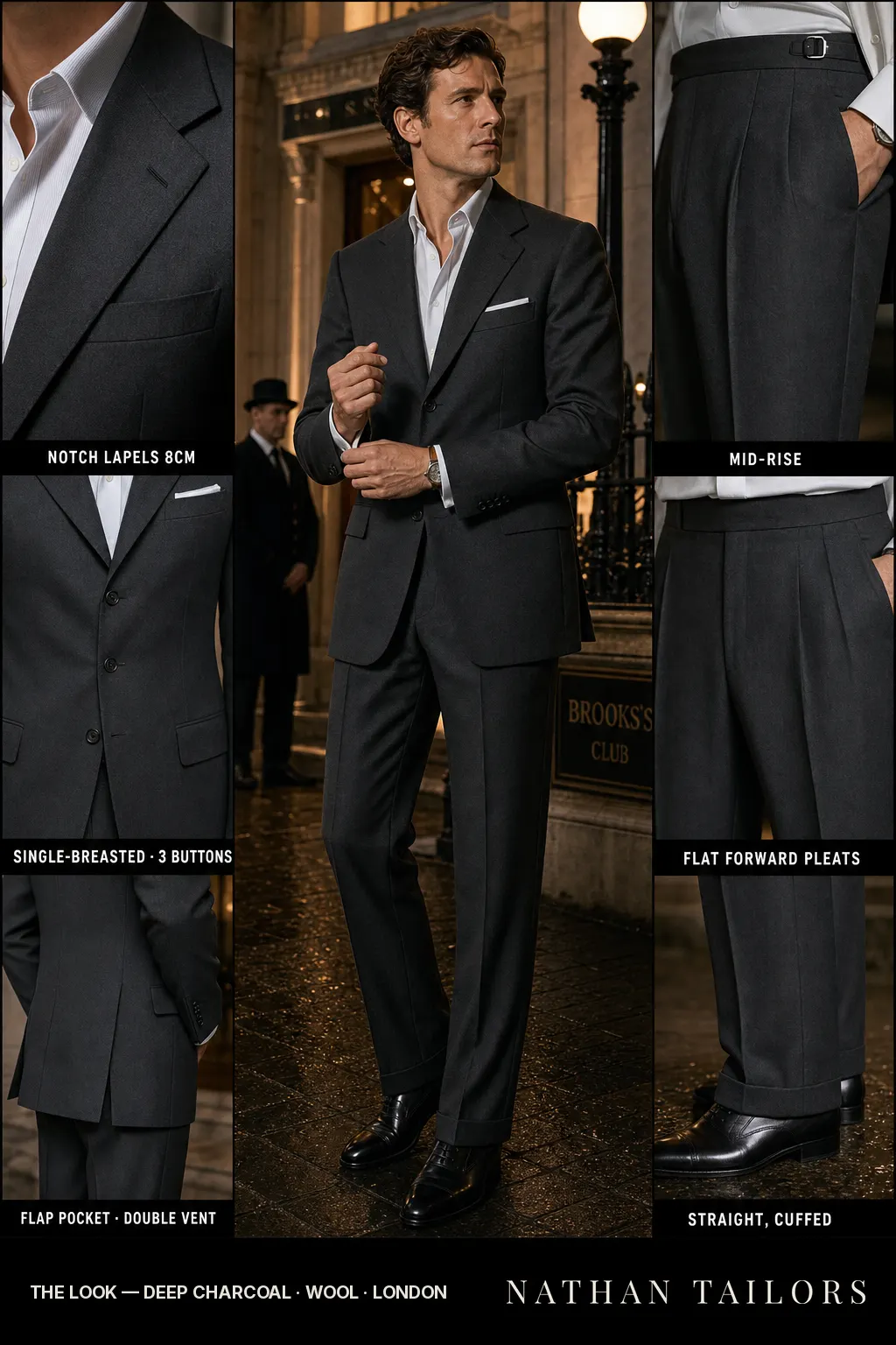 deep charcoal single-breasted notch-lapel bespoke suit — AI-rendered by Nathan Tailors, the Hoi An custom tailor. Available as a custom tailored suit from $149.