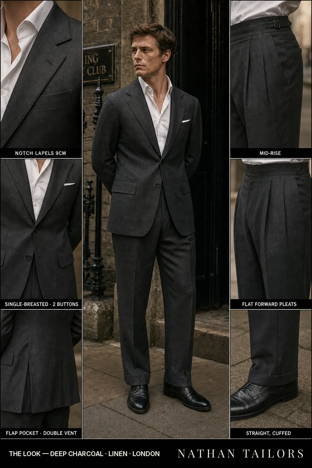 deep charcoal single-breasted notch-lapel bespoke suit โ AI-rendered by Nathan Tailors, the Hoi An custom tailor. Available as a custom tailored suit from $149.
