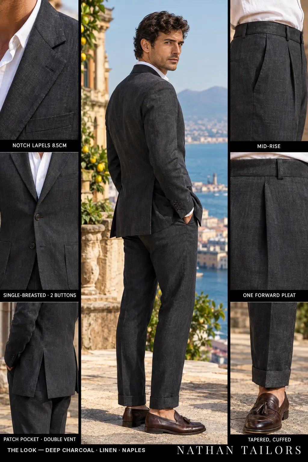 deep charcoal single-breasted bespoke suit โ custom tailored by Nathan Tailors, the Hoi An custom tailor