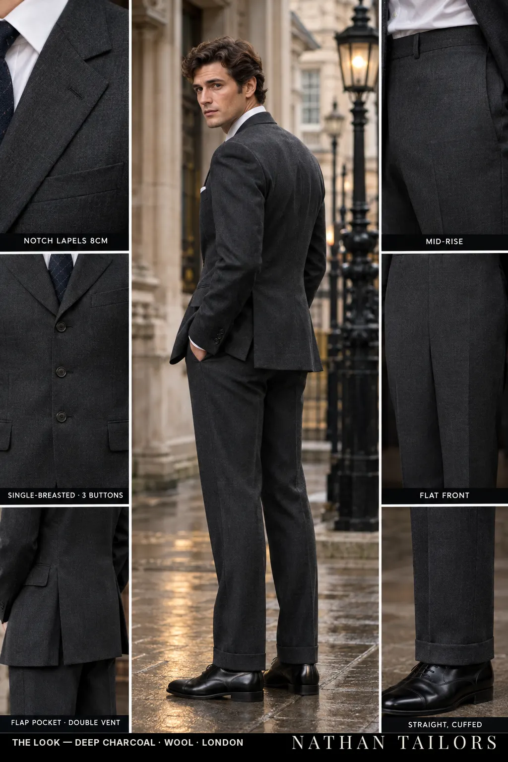 deep charcoal single-breasted bespoke suit โ custom tailored by Nathan Tailors, the Hoi An custom tailor
