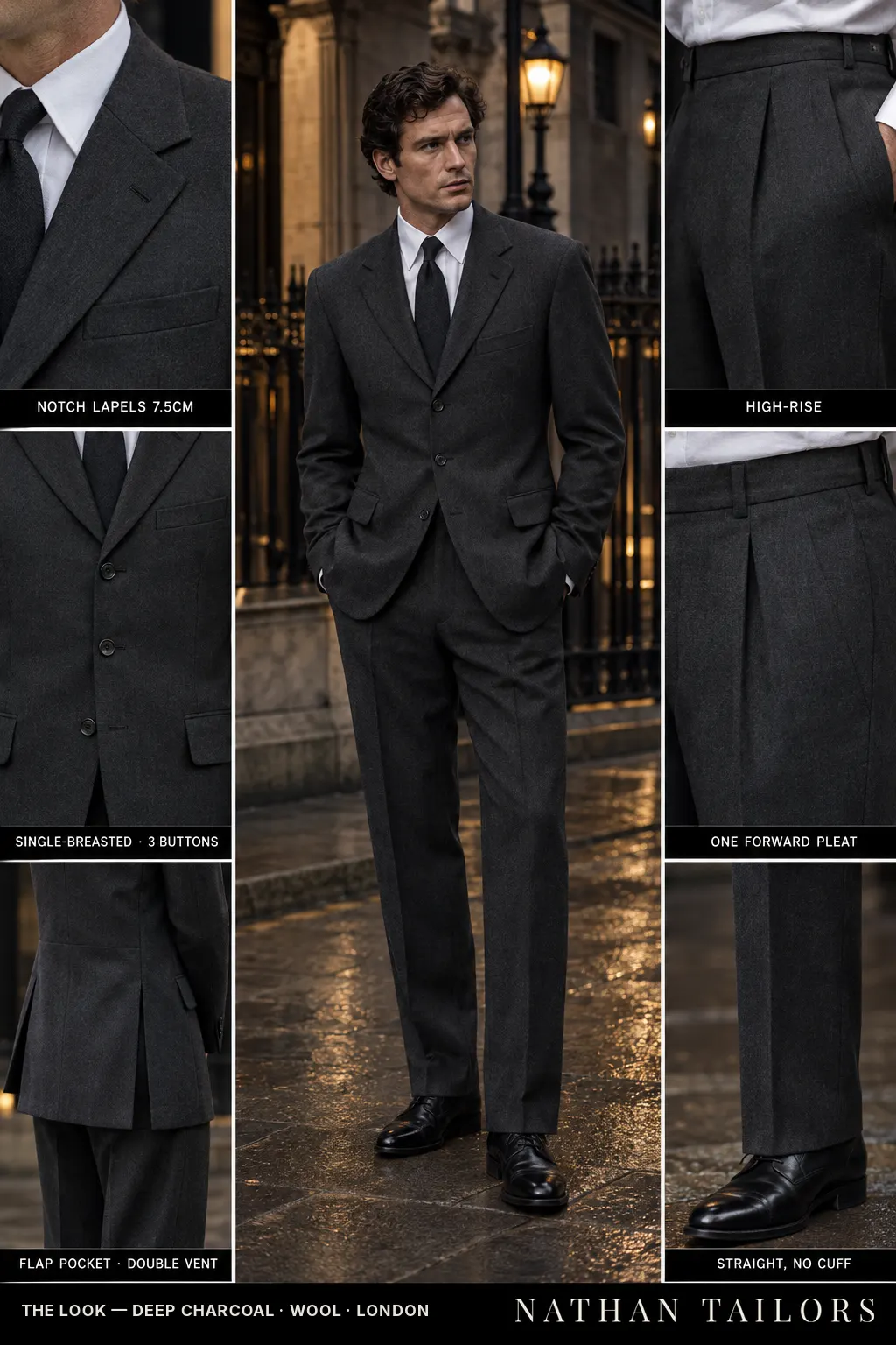 deep charcoal single-breasted bespoke suit โ custom tailored by Nathan Tailors, the Hoi An custom tailor