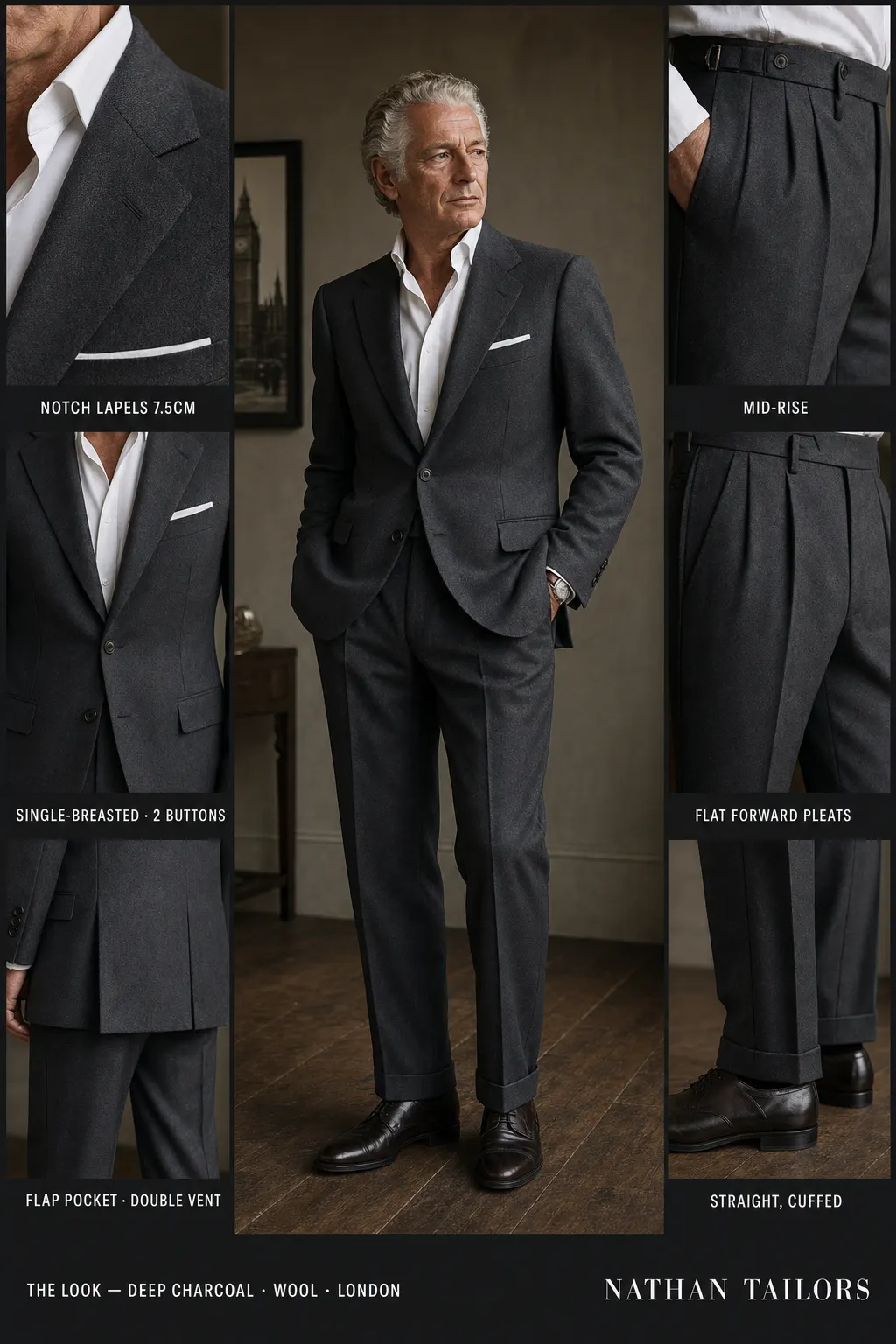 deep charcoal single-breasted notch-lapel bespoke suit — AI-rendered by Nathan Tailors, the Hoi An custom tailor. Available as a custom tailored suit from $149.