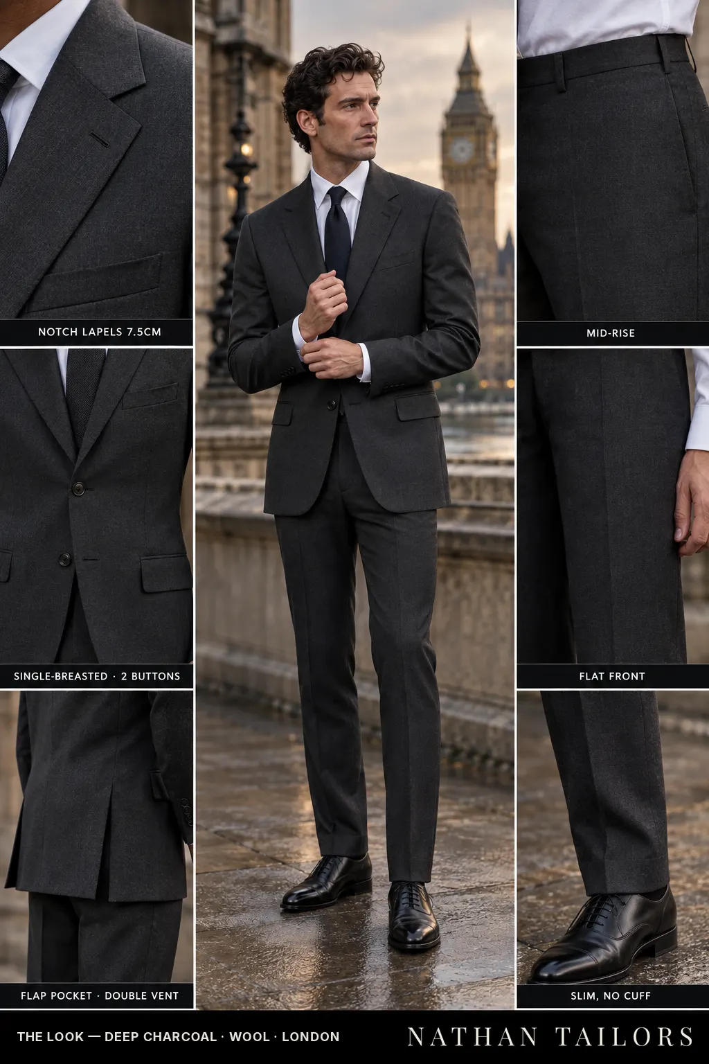 deep charcoal single-breasted notch-lapel bespoke suit — AI-rendered by Nathan Tailors, the Hoi An custom tailor. Available as a custom tailored suit from $149.