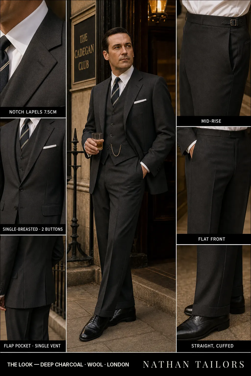 deep charcoal single-breasted bespoke suit — custom tailored by Nathan Tailors, the Hoi An custom tailor