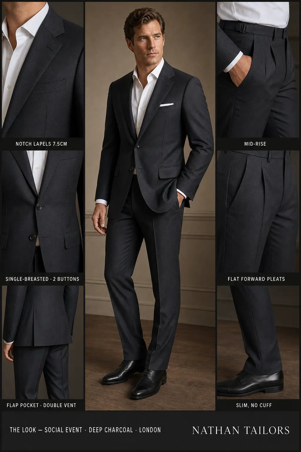 deep charcoal single-breasted notch-lapel bespoke suit โ AI-rendered by Nathan Tailors, the Hoi An custom tailor. Available as a custom tailored suit from $149.