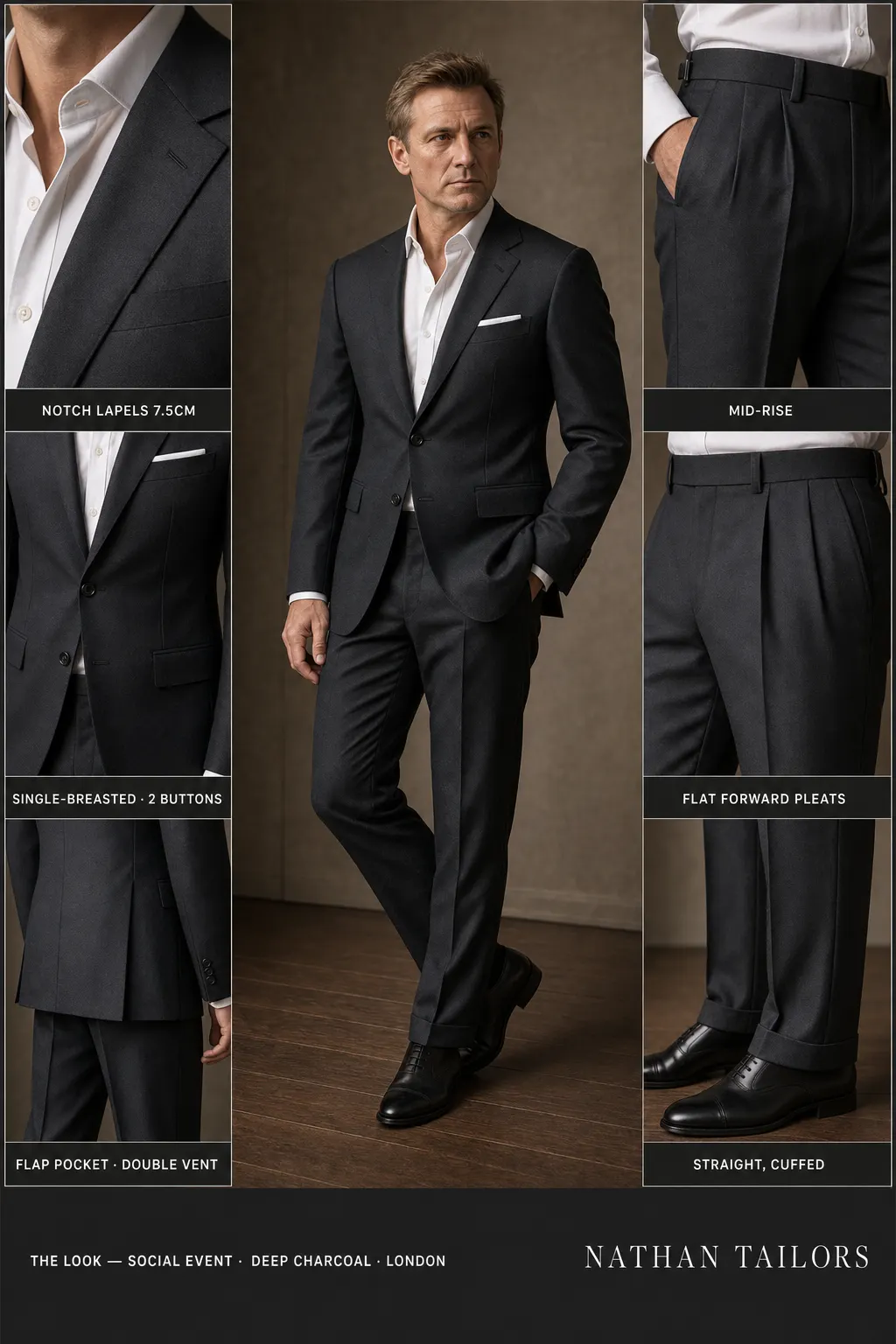 deep charcoal single-breasted notch-lapel bespoke suit — AI-rendered by Nathan Tailors, the Hoi An custom tailor. Available as a custom tailored suit from $149.
