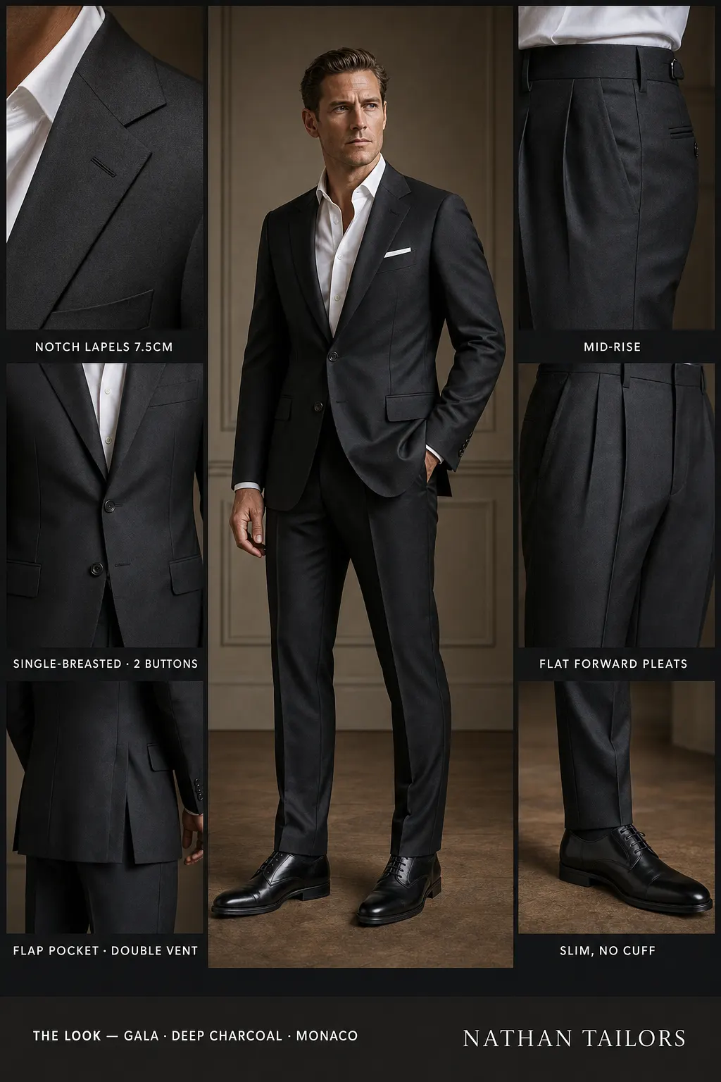 deep charcoal single-breasted notch-lapel bespoke suit — AI-rendered by Nathan Tailors, the Hoi An custom tailor. Available as a custom tailored suit from $149.