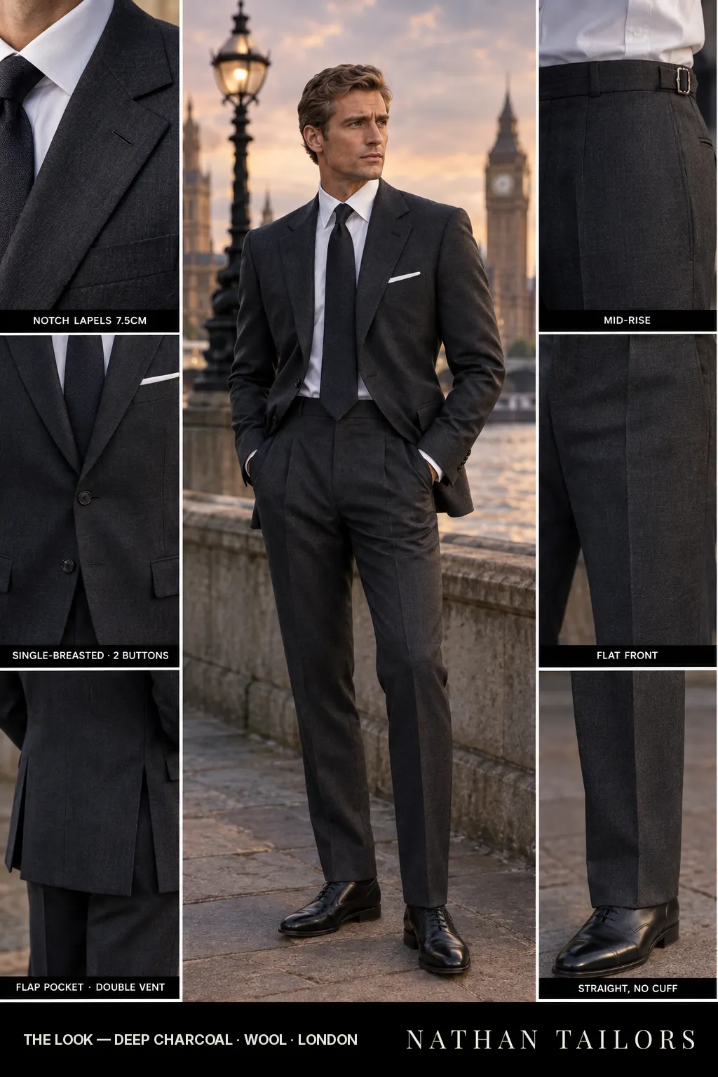 deep charcoal single-breasted bespoke suit โ custom tailored by Nathan Tailors, the Hoi An custom tailor