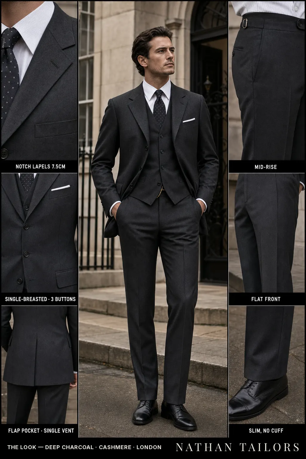 deep charcoal single-breasted notch-lapel bespoke suit โ AI-rendered by Nathan Tailors, the Hoi An custom tailor. Available as a custom tailored suit from $149.