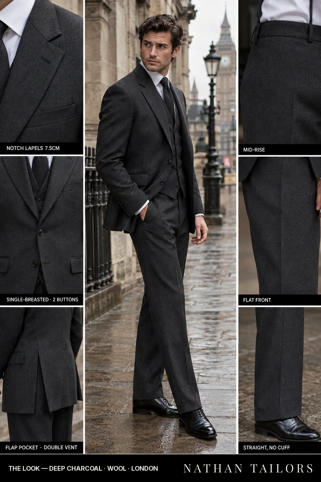deep charcoal single-breasted bespoke suit โ custom tailored by Nathan Tailors, the Hoi An custom tailor
