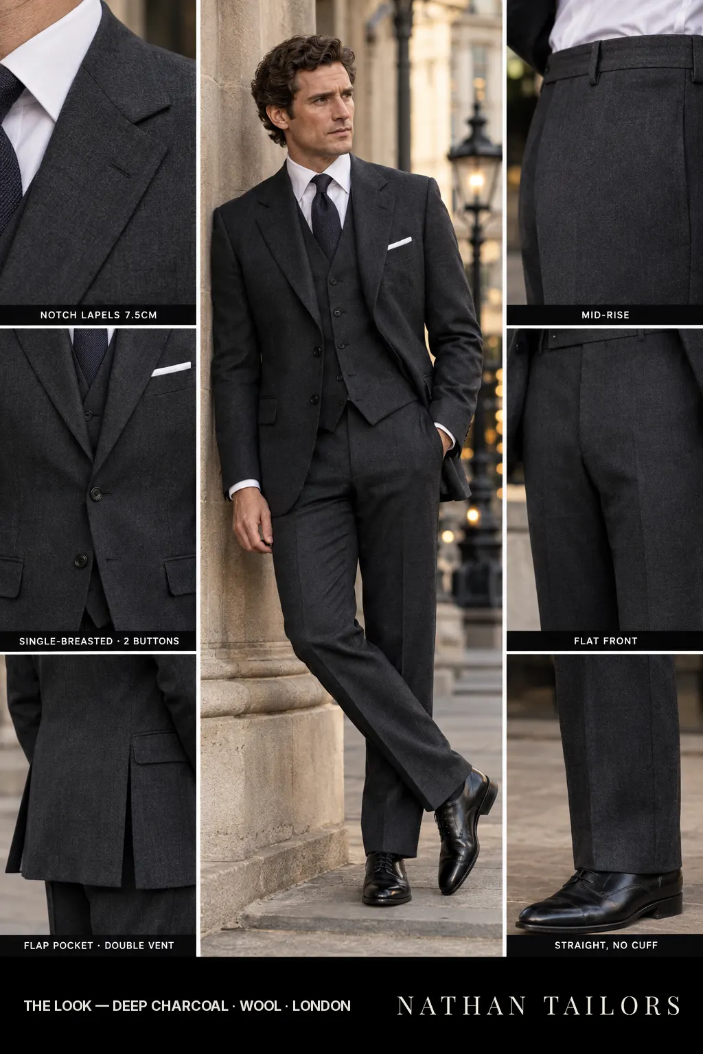 deep charcoal single-breasted notch-lapel bespoke suit โ AI-rendered by Nathan Tailors, the Hoi An custom tailor. Available as a custom tailored suit from $149.