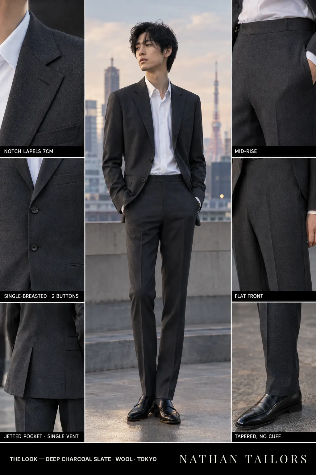 deep charcoal slate single-breasted bespoke suit โ custom tailored by Nathan Tailors, the Hoi An custom tailor