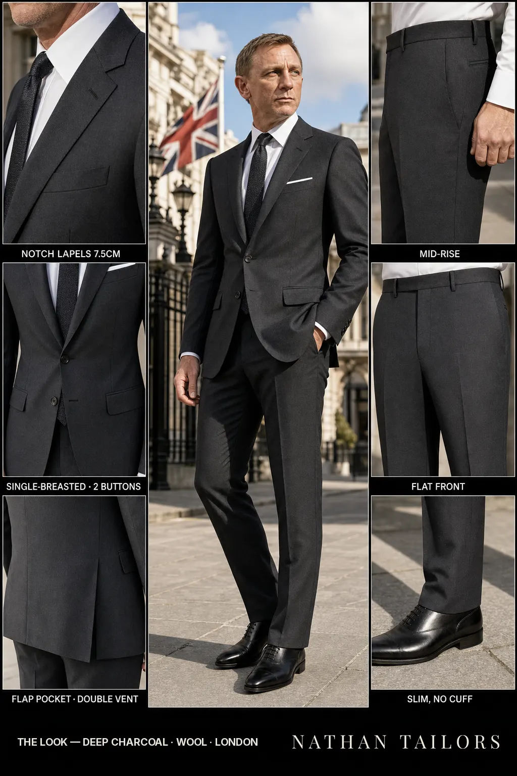 deep charcoal single-breasted notch-lapel bespoke suit โ AI-rendered by Nathan Tailors, the Hoi An custom tailor. Available as a custom tailored suit from $149.