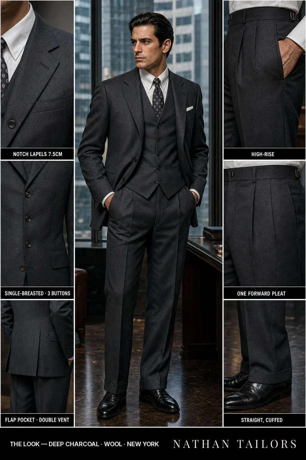 deep charcoal single-breasted notch-lapel bespoke suit — AI-rendered by Nathan Tailors, the Hoi An custom tailor. Available as a custom tailored suit from $149.
