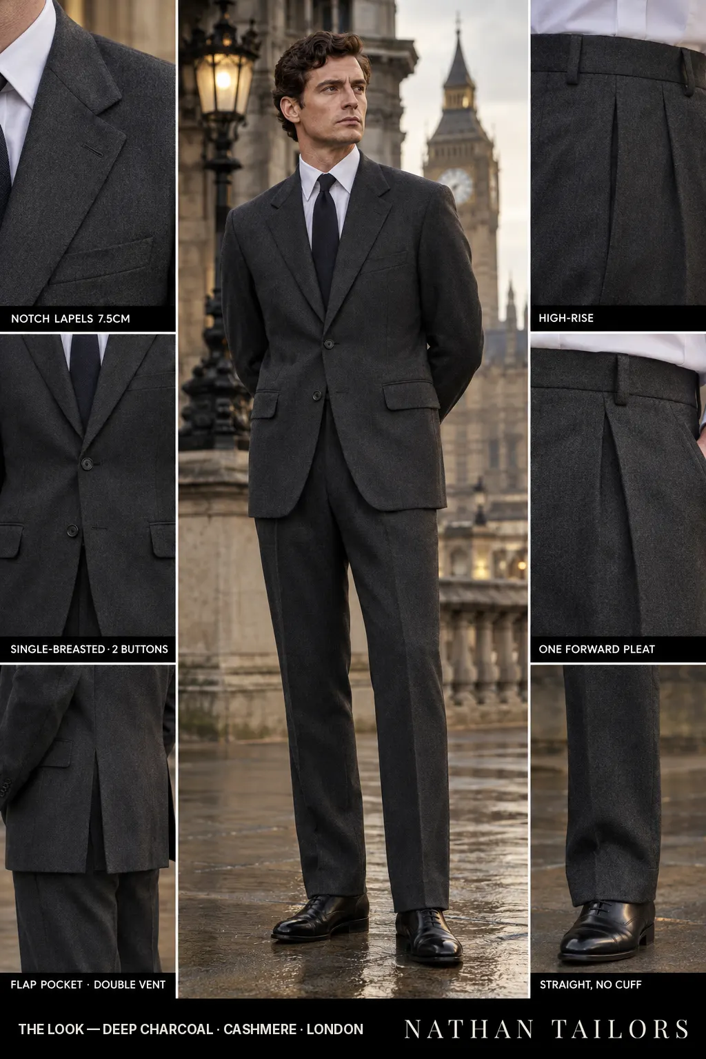 deep charcoal single-breasted bespoke suit — custom tailored by Nathan Tailors, the Hoi An custom tailor