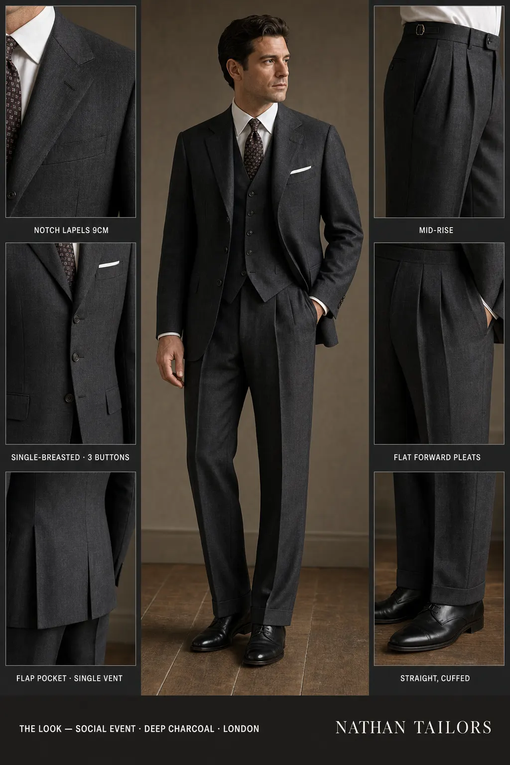 deep charcoal single-breasted notch-lapel bespoke suit — AI-rendered by Nathan Tailors, the Hoi An custom tailor. Available as a custom tailored suit from $149.