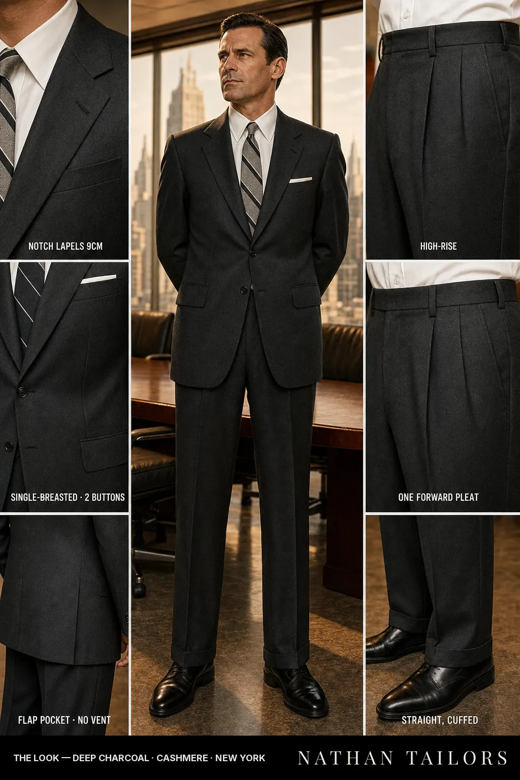 deep charcoal single-breasted notch-lapel bespoke suit — AI-rendered by Nathan Tailors, the Hoi An custom tailor. Available as a custom tailored suit from $149.