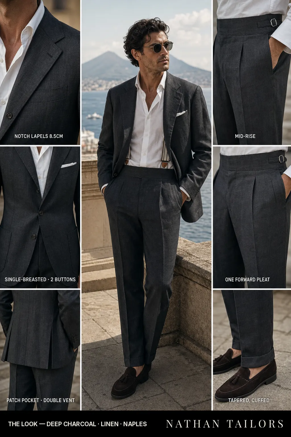 deep charcoal single-breasted bespoke suit โ custom tailored by Nathan Tailors, the Hoi An custom tailor