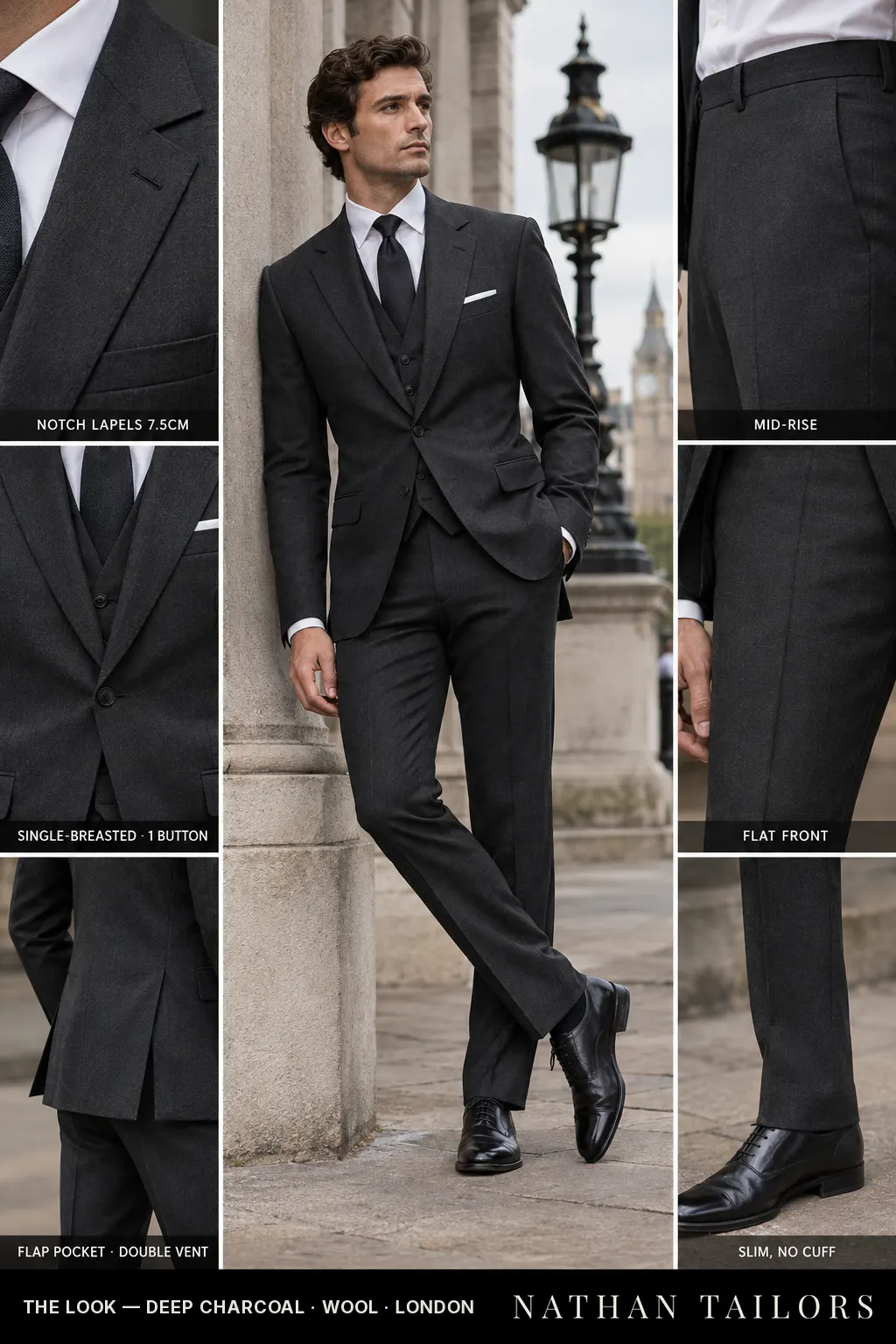 deep charcoal single-breasted bespoke suit โ custom tailored by Nathan Tailors, the Hoi An custom tailor