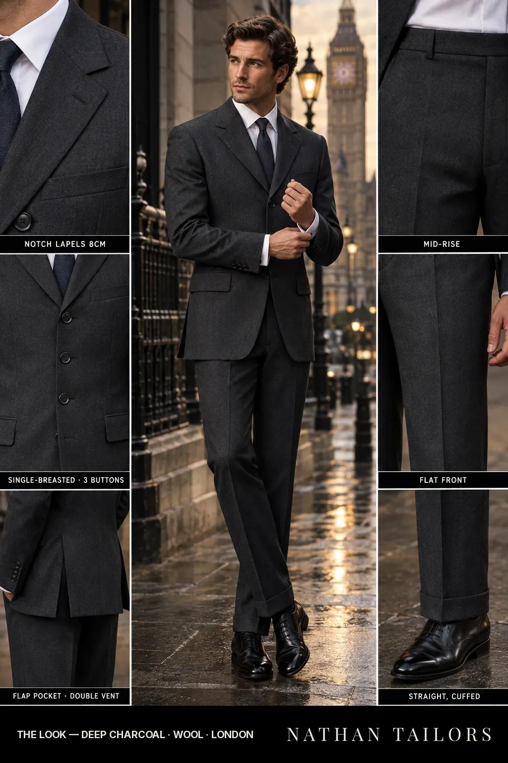 deep charcoal single-breasted bespoke suit — custom tailored by Nathan Tailors, the Hoi An custom tailor