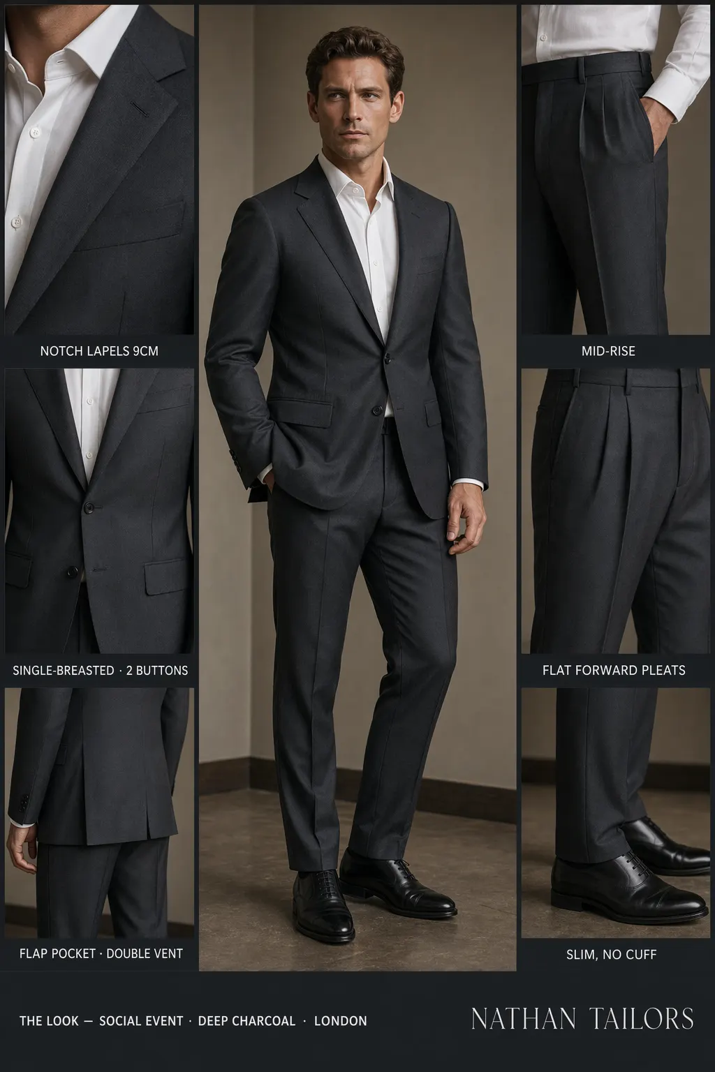 deep charcoal single-breasted notch-lapel bespoke suit — AI-rendered by Nathan Tailors, the Hoi An custom tailor. Available as a custom tailored suit from $169.