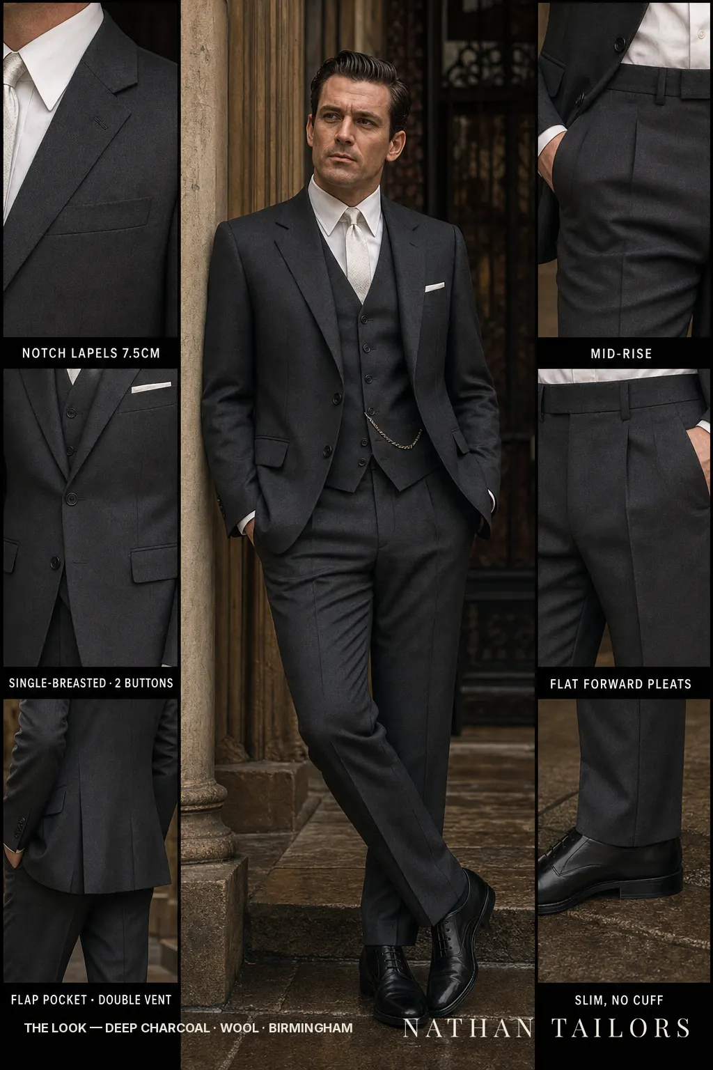 deep charcoal single-breasted notch-lapel bespoke suit — AI-rendered by Nathan Tailors, the Hoi An custom tailor. Available as a custom tailored suit from $149.