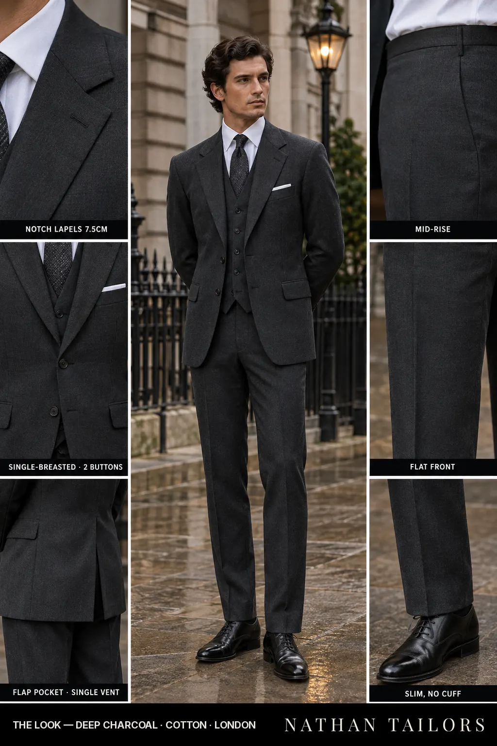 deep charcoal single-breasted bespoke suit โ custom tailored by Nathan Tailors, the Hoi An custom tailor