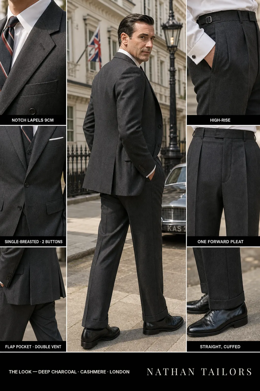 deep charcoal single-breasted notch-lapel bespoke suit — AI-rendered by Nathan Tailors, the Hoi An custom tailor. Available as a custom tailored suit from $149.