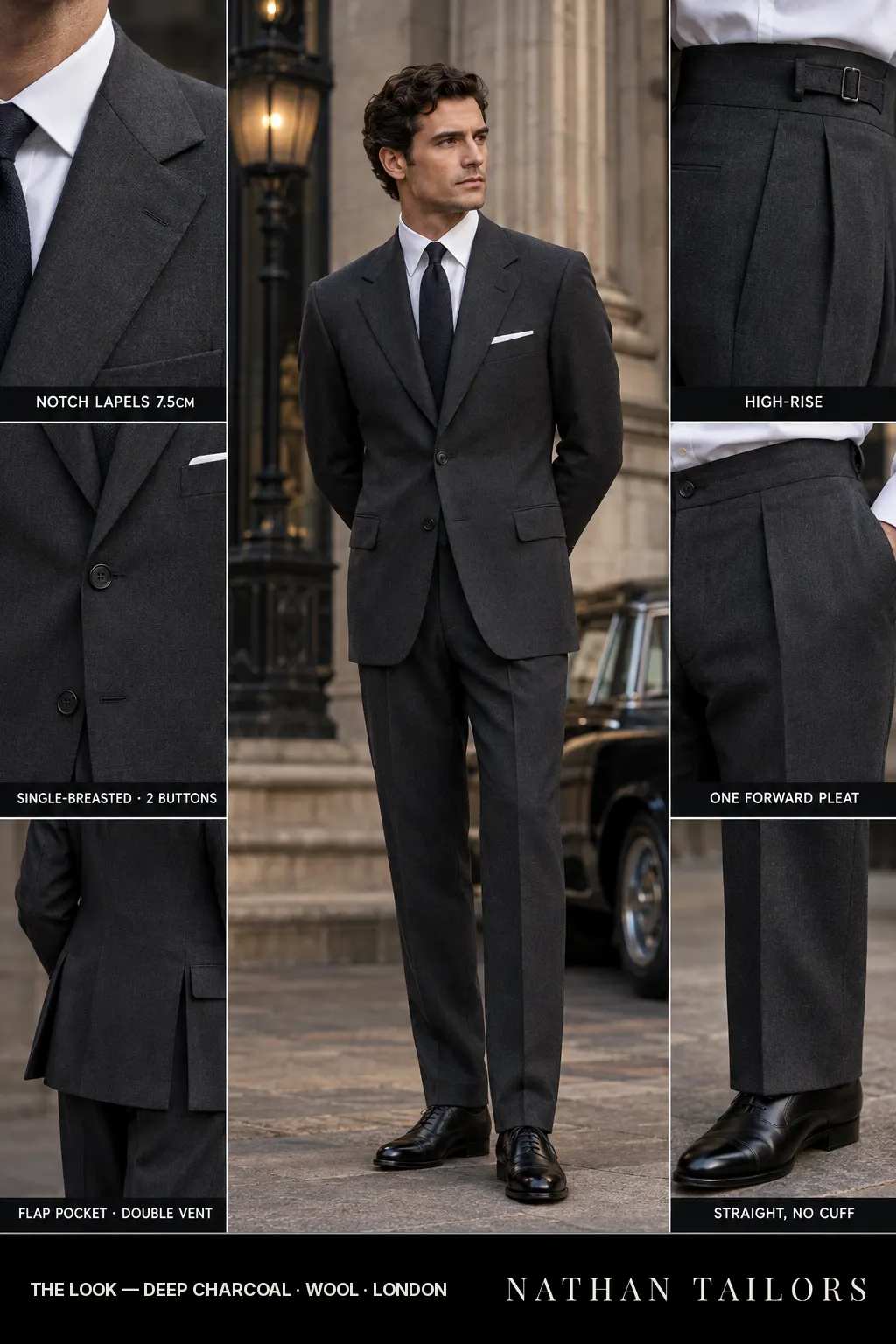 deep charcoal single-breasted bespoke suit — custom tailored by Nathan Tailors, the Hoi An custom tailor