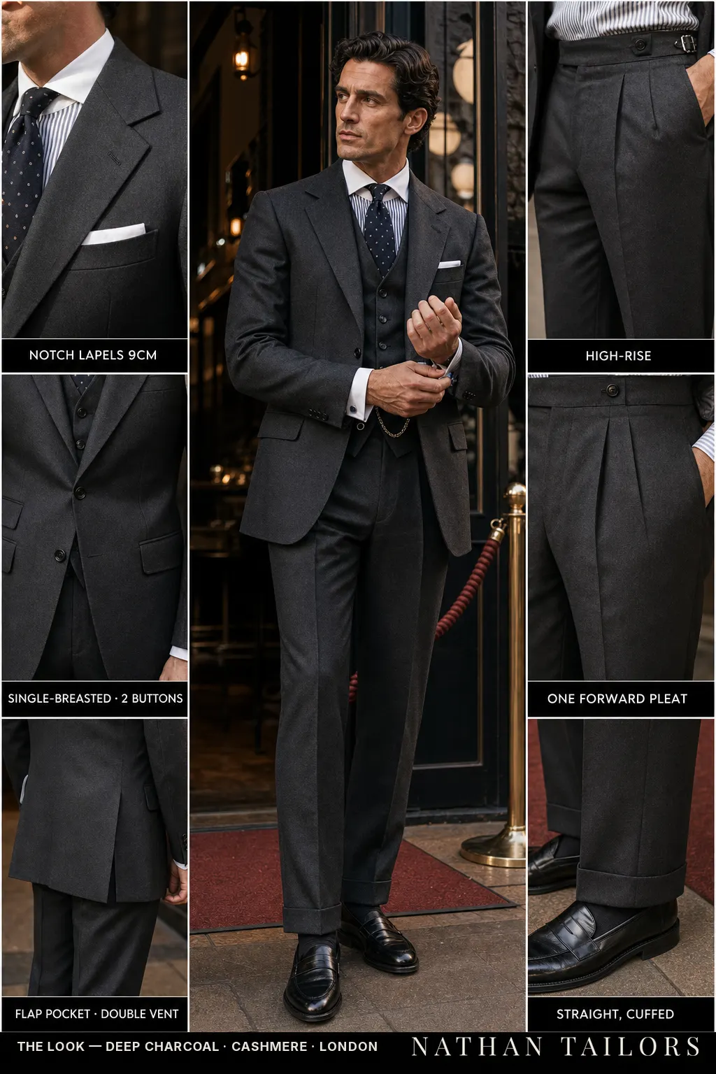 deep charcoal single-breasted notch-lapel bespoke suit — AI-rendered by Nathan Tailors, the Hoi An custom tailor. Available as a custom tailored suit from $149.