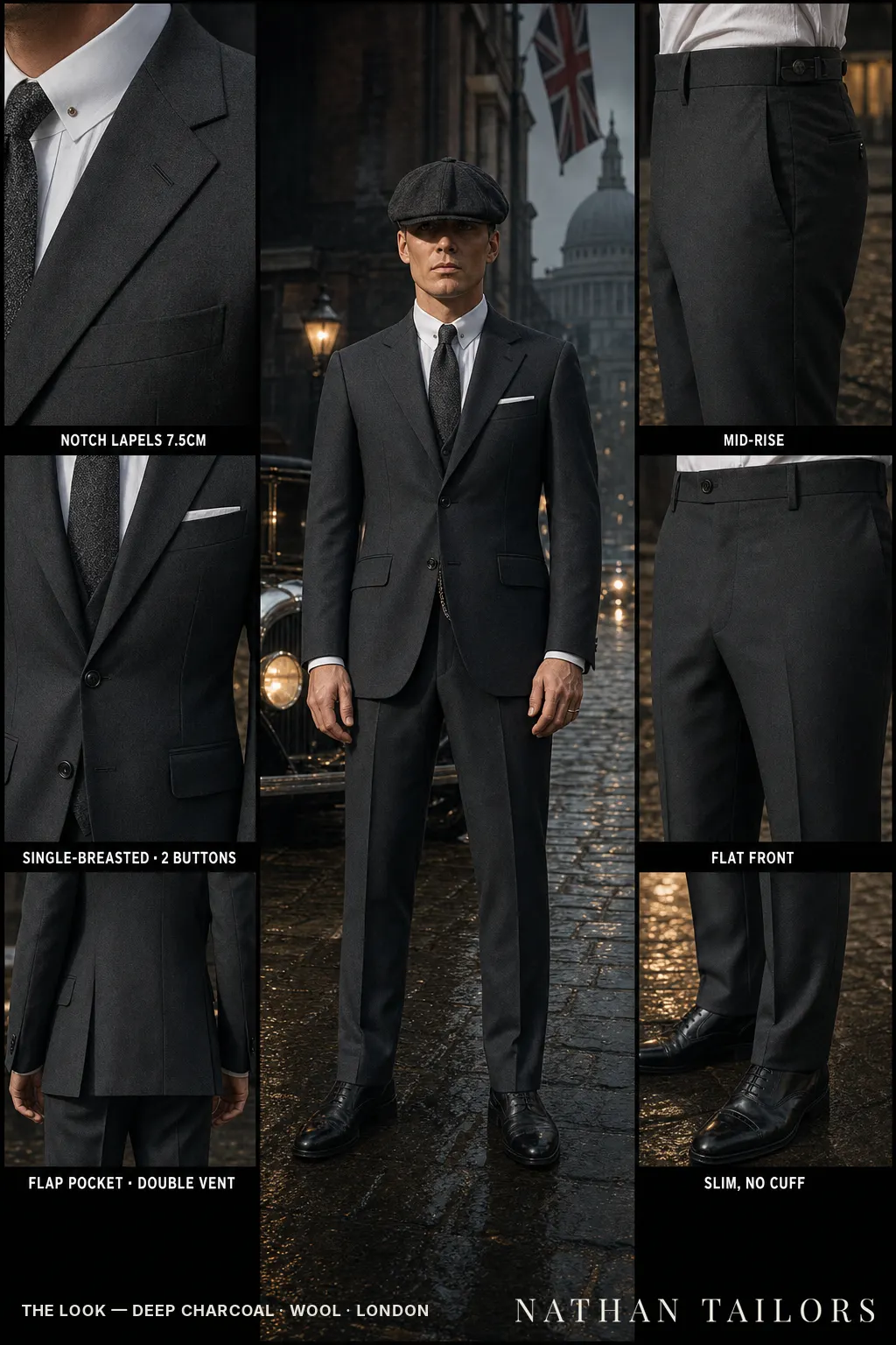 deep charcoal single-breasted bespoke suit — custom tailored by Nathan Tailors, the Hoi An custom tailor