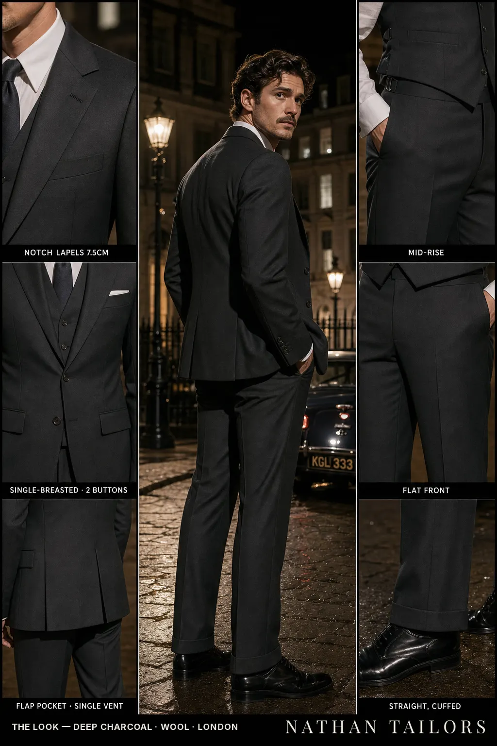 deep charcoal single-breasted notch-lapel bespoke suit — AI-rendered by Nathan Tailors, the Hoi An custom tailor. Available as a custom tailored suit from $149.