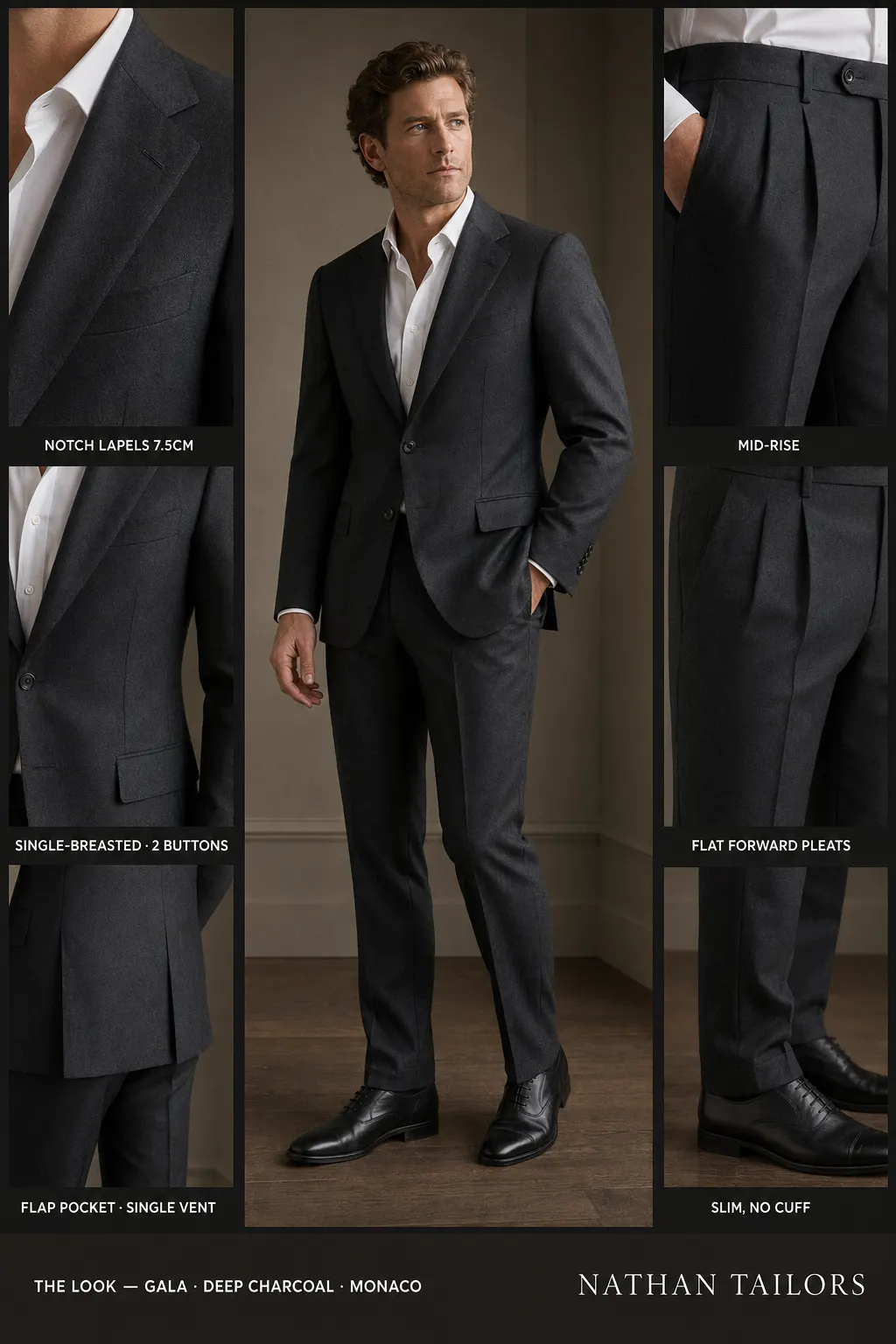 deep charcoal single-breasted notch-lapel bespoke suit — AI-rendered by Nathan Tailors, the Hoi An custom tailor. Available as a custom tailored suit from $149.