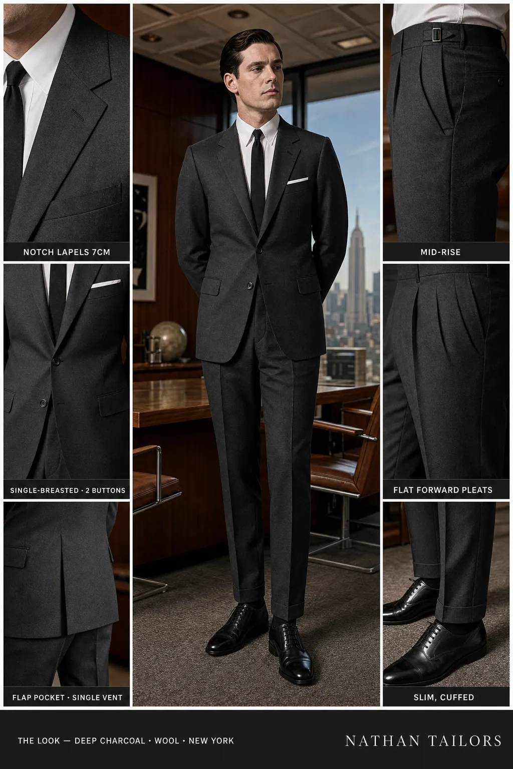 deep charcoal single-breasted notch-lapel bespoke suit — AI-rendered by Nathan Tailors, the Hoi An custom tailor. Available as a custom tailored suit from $149.