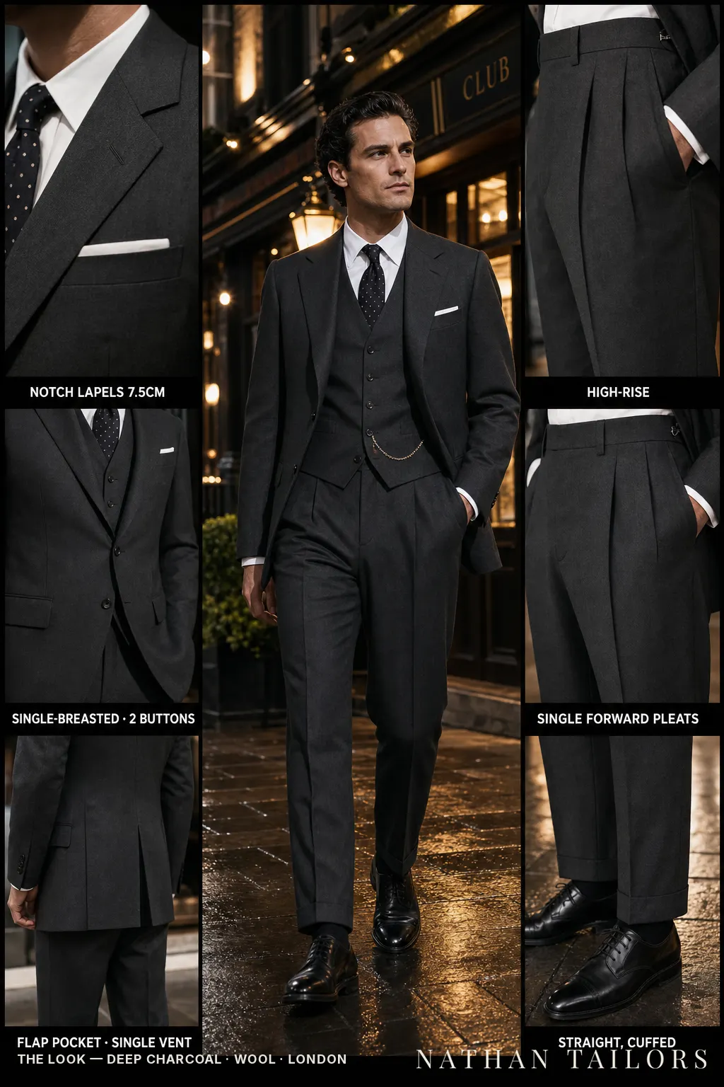 deep charcoal single-breasted notch-lapel bespoke suit — AI-rendered by Nathan Tailors, the Hoi An custom tailor. Available as a custom tailored suit from $149.