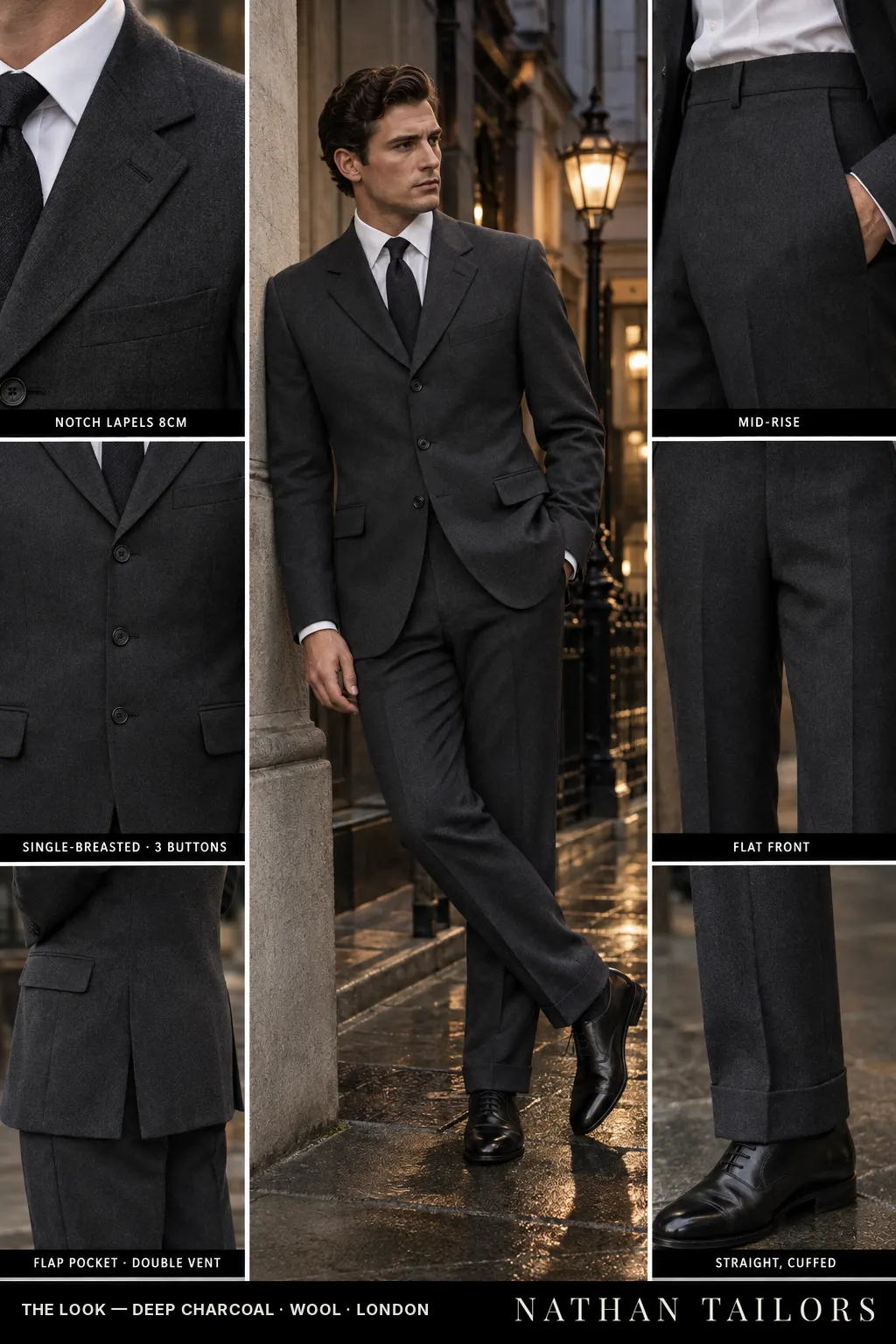 deep charcoal single-breasted bespoke suit โ custom tailored by Nathan Tailors, the Hoi An custom tailor