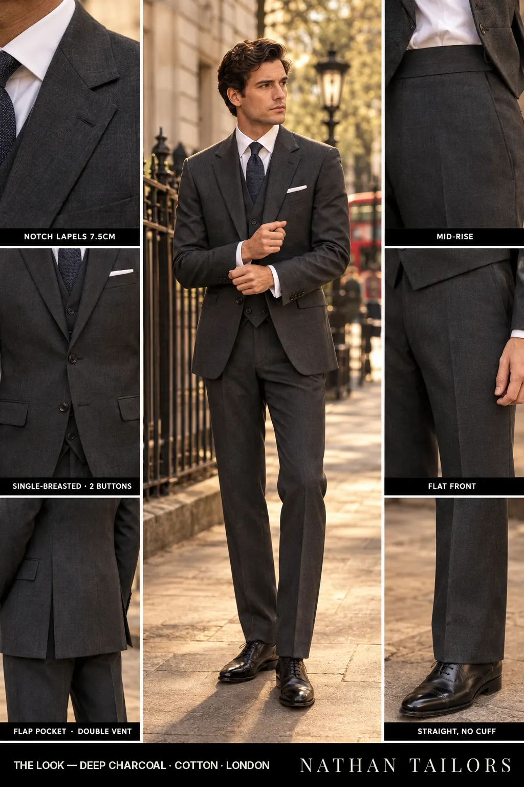 deep charcoal single-breasted bespoke suit โ custom tailored by Nathan Tailors, the Hoi An custom tailor